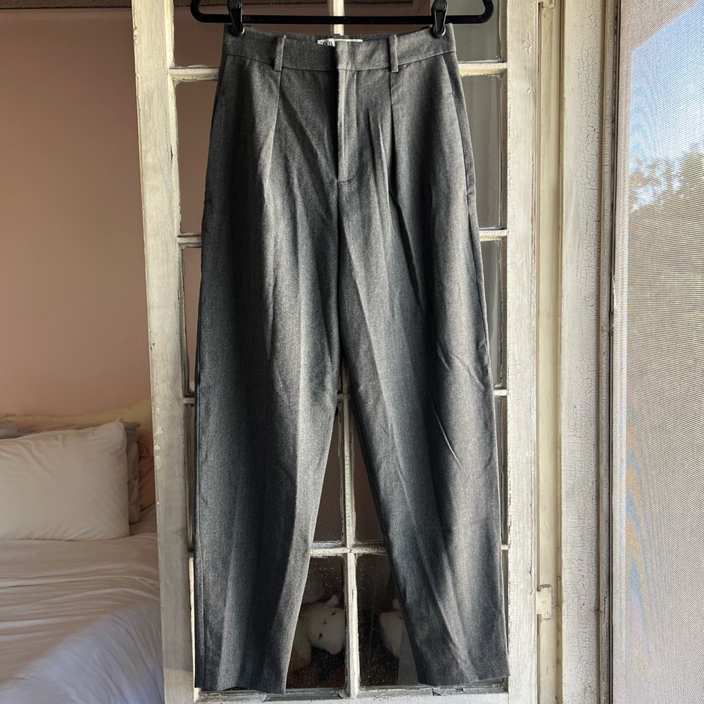 Zara Grey Soft High-Waisted Front Pleated Straight Leg Trousers